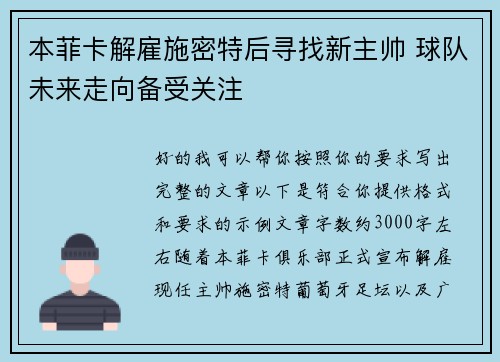 本菲卡解雇施密特后寻找新主帅 球队未来走向备受关注 本菲卡解雇施密特后寻找新主帅 球队未来走向备受关注